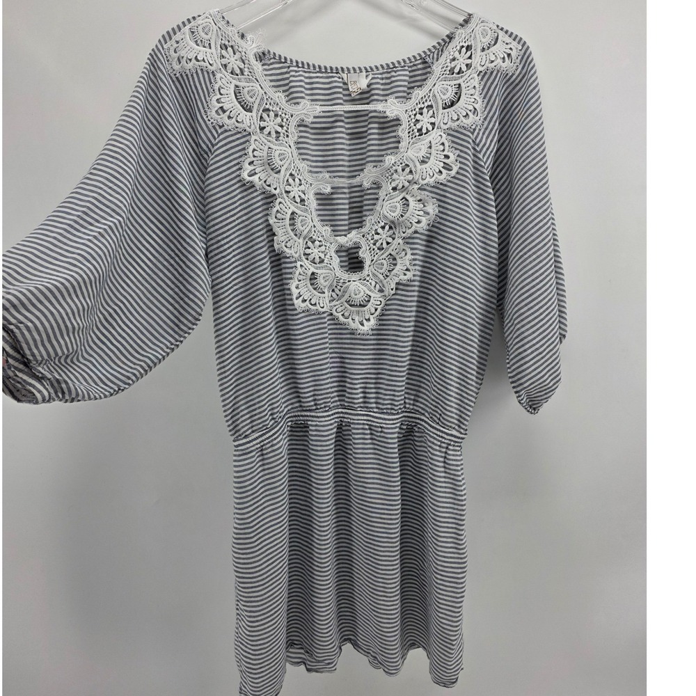 BECCA by Rebecca Virtue Swim Coverup Women M Blue White‎ Striped Lace Tunic